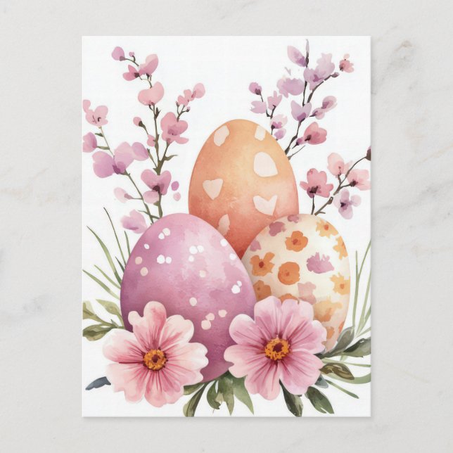 Colored watercolor postcard with Easter eggs (Front)