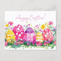 Colored watercolor postcard with Easter eggs