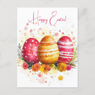 Colored watercolor postcard with Easter eggs