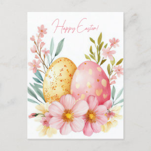Colored watercolor postcard with Easter eggs