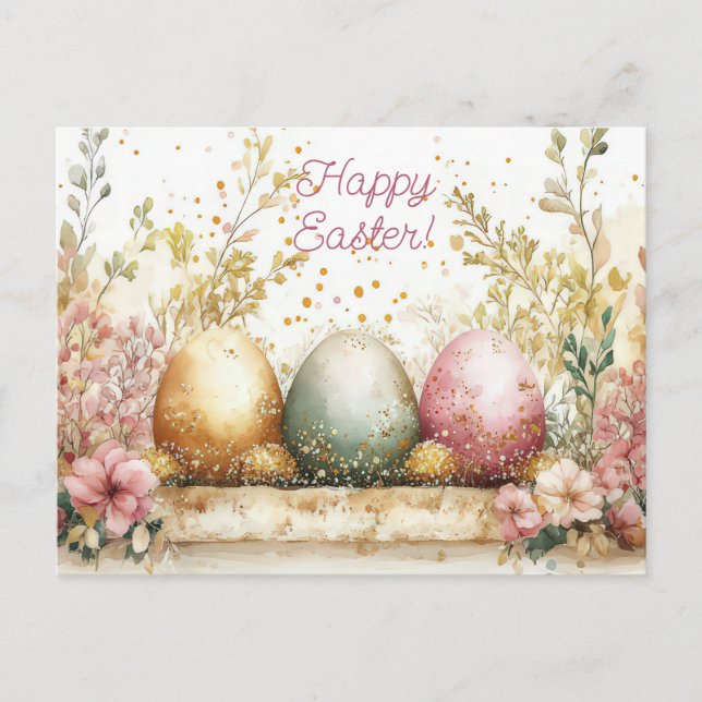 Colored watercolor postcard with Easter eggs (Front)
