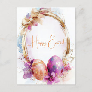 Colored watercolor postcard with Easter eggs