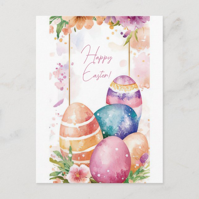 Colored watercolor postcard with Easter eggs (Front)