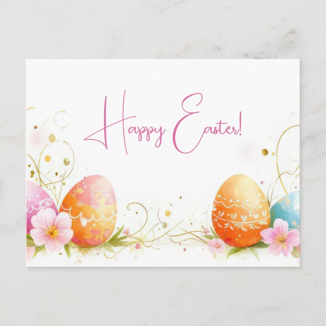 Colored watercolor postcard with Easter eggs (Front)