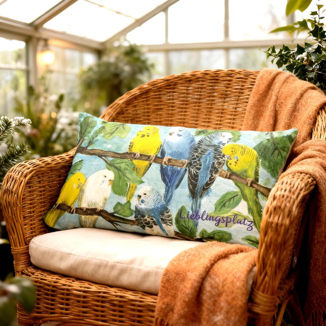 Colored waveforms - hand painting | cushion (Lendenkissen mit vielen niedlichen Wellensittiche - handgemaltes Motiv, personalisierbar)