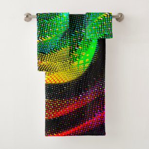 Colored weird spiral with newsprint effect on dark bath towel set