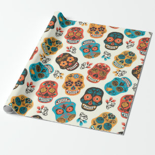 Colorfu retro floral sugar skulls pattern wrapping paper