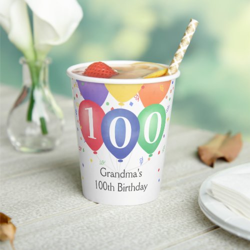 Colorful 100th One Hundred Birthday Balloons Paper Cups
