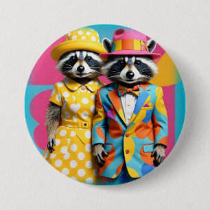 Colorful 1960's mod raccoons button
