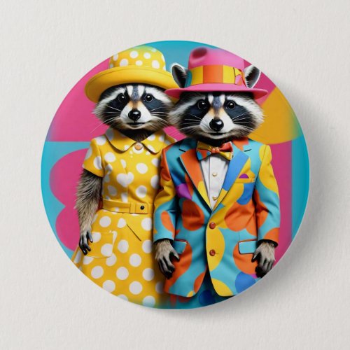 Colorful 1960s mod raccoons button