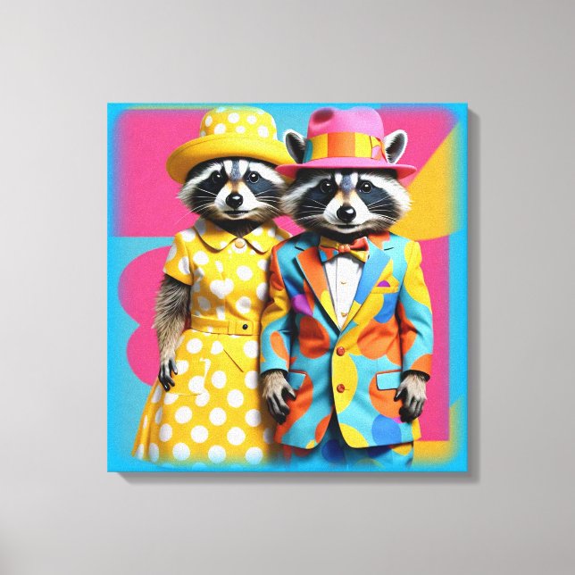 Colorful 1960's mod raccoons canvas print (Front)