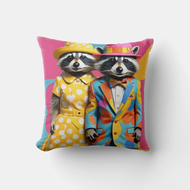 Colorful 1960's mod raccoons throw pillow (Front)