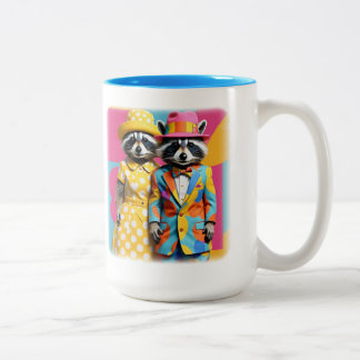 Colorful 1960's mod raccoons Two-Tone coffee mug
