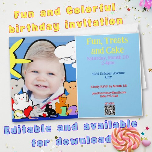 Colorful 1 Photo 1st Birthday Invitation 