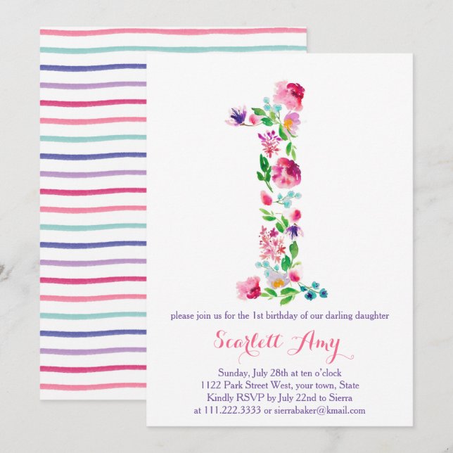 colorful 1st birthday invitations, pink purple invitation (Front/Back)