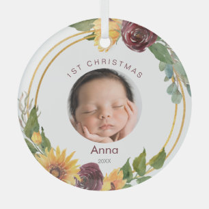 Colorful 1st Christmas Photo Sunflowers  Glass Ornament