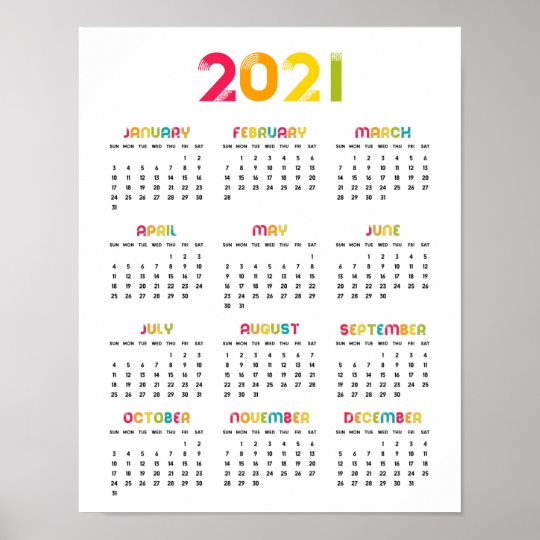 Colorful 2021 calendar poster | Zazzle.com