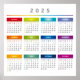 Colorful 2025 Calendar - Rainbow Colors 3 Columns Poster