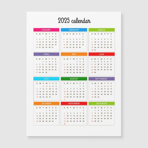 Colorful 2025 Monthly Calendar Magnetic Card