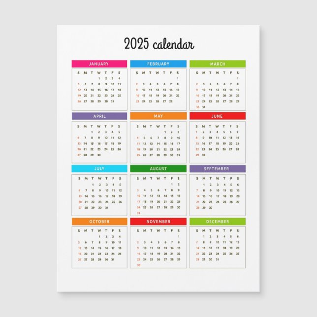 Colorful 2025 Monthly Calendar Magnetic Card (Front)