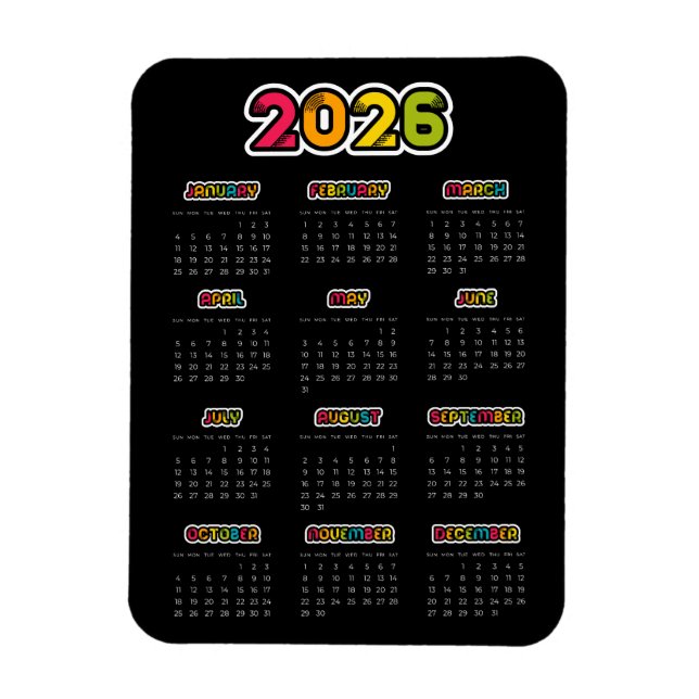 Colorful 2026 Black calendar Magnet (Vertical)
