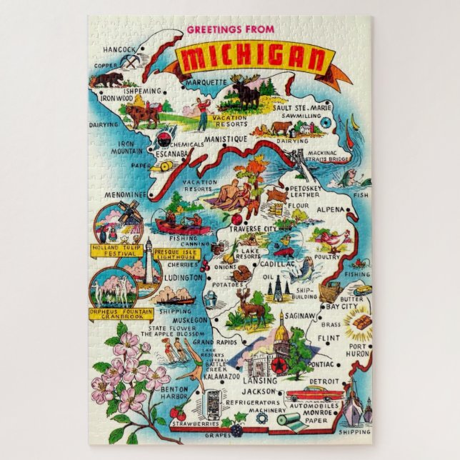 Colorful 20x30 Vintage Michigan Map Jigsaw Puzzle (Vertical)