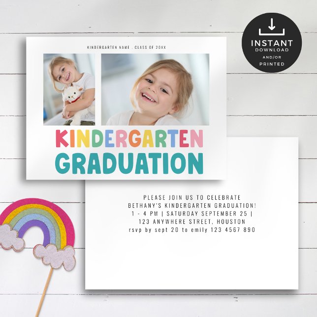 Colorful 2 Photo Kindergarten Graduation Party Invitation (Front and back view)