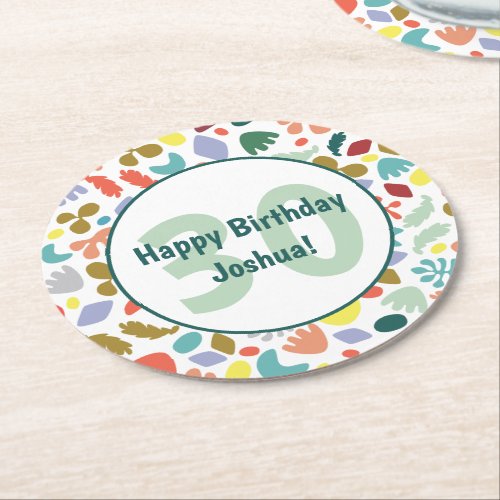 Colorful 30th Birthday Custom Name Round Paper Coaster