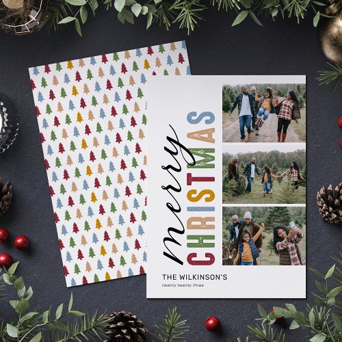 Colorful 3 Photo Merry Christmas Holiday Card