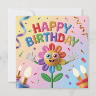 Colorful 3D Happy Birthday Greeting with Flower Holiday Card