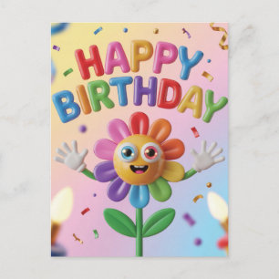 Colorful 3D Happy Birthday Greeting with Flower Holiday Postcard