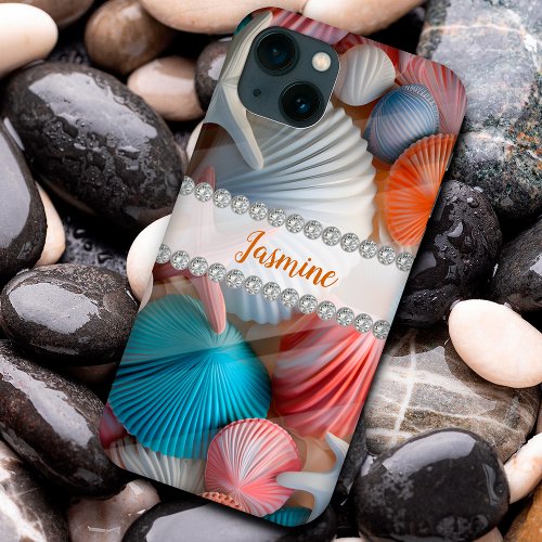 Colorful 3D Sea shells diamond frame custom iPhone 13 Case