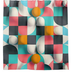 Colorful 3D Spheres and Geometric Grid Pattern Shower Curtain