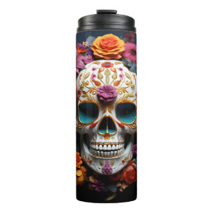 Colorful 3D Sugar Skull and Flowers Thermal Tumbler