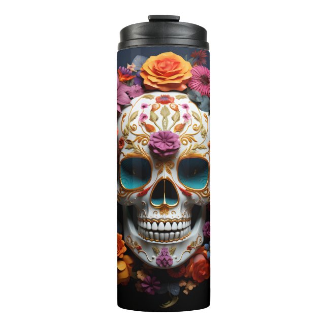 Colorful 3D Sugar Skull and Flowers Thermal Tumbler (Front)