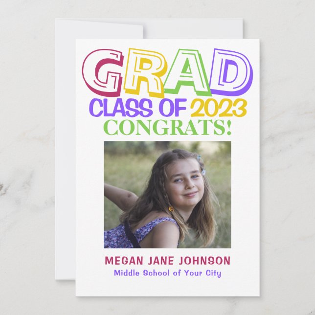 Colorful 5 photos middle school graduation announcement (Front)