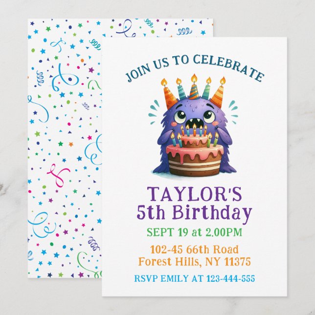 Colorful 5th Birthday Monster Party Invitation  (Front/Back)