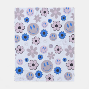 Colorful 70s Groovy Flower Smile Face Pattern Fleece Blanket
