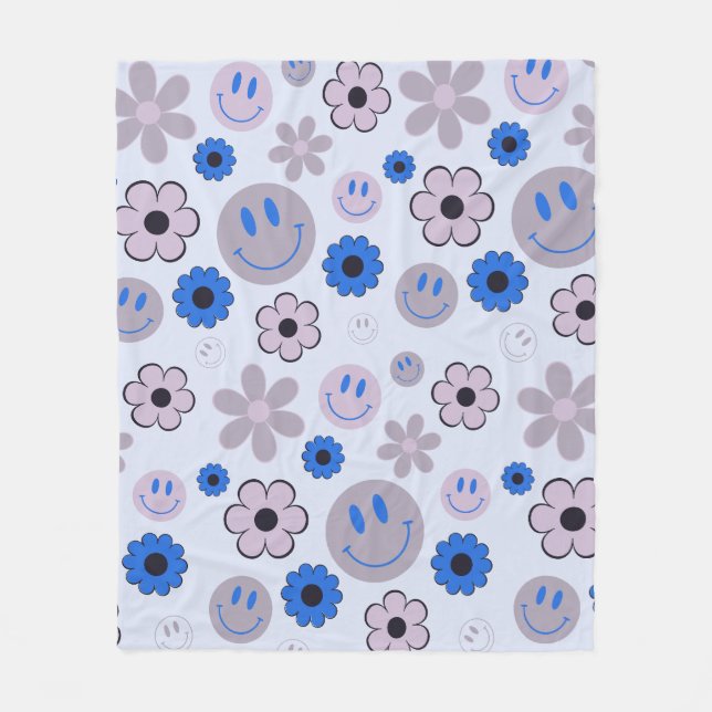 Colorful 70s Groovy Flower Smile Face Pattern Fleece Blanket (Front)