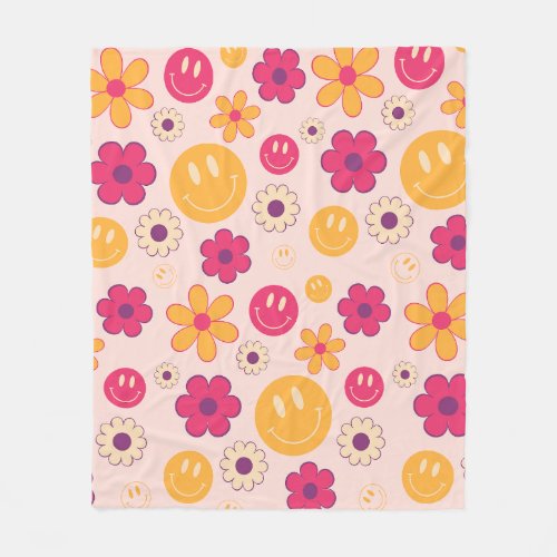 Colorful 70s Groovy Flower Smile Face Pattern Fleece Blanket