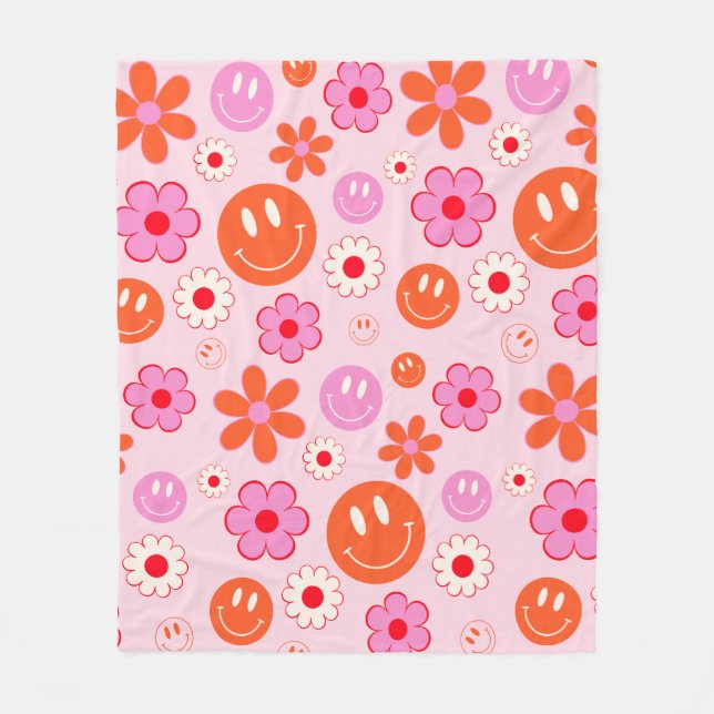 Colorful 70s Groovy Flower Smile Face Pattern Fleece Blanket (Front)