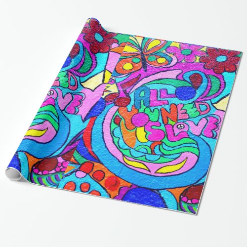 colorful 70s hippie peace and love wrapping paper