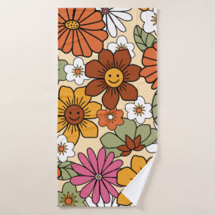 Colorful 70s style retro floral pattern. Vintage b Bath Towel