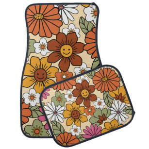 Colorful 70s style retro floral pattern. Vintage b Car Floor Mat