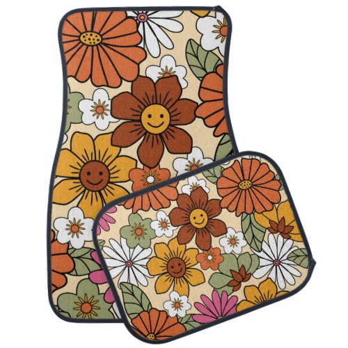 Colorful 70s style retro floral pattern Vintage b Car Floor Mat