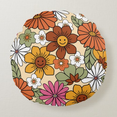 Colorful 70s style retro floral pattern Vintage b Round Pillow