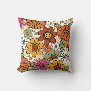 Colorful 70s style retro floral pattern. Vintage b Throw Pillow