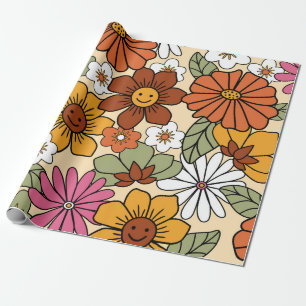 Colorful 70s style retro floral pattern. Vintage b Wrapping Paper