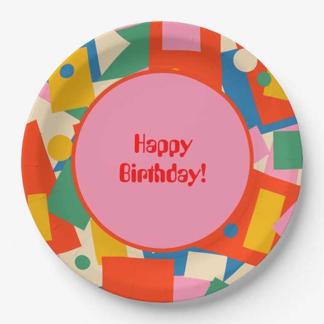 Colorful 80s Geometric Abstract Retro Pattern Paper Plates (Front)