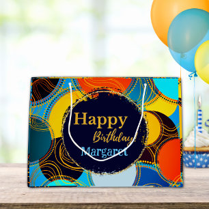 Colorful 80's Retro Gold Abstract Happy Birthday Large Gift Bag